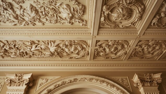 Ornamental plaster cornice on ceiling with elaborate floral designs and sophisticated classic detailing