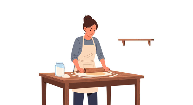 Woman rolling out dough on a wooden table with flour and a jar, preparing homemade food.