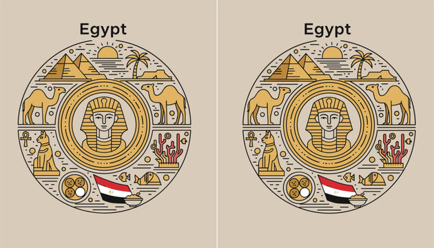 Detailed circular emblem of Egypt features iconic symbols such as pyramids, pharaohs, camels, cats, and the national flag in a set.