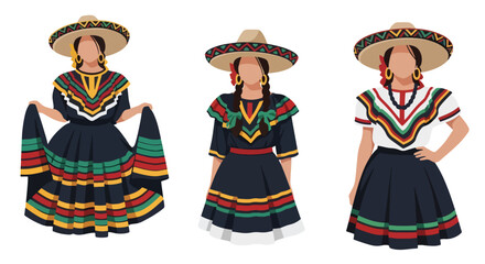 Set vector collection of women wearing colorful traditional Mexican costumes and cultural activities. Ideal for heritage, tourism, festival and culture themes © Amie