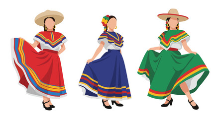 Set vector collection of women wearing colorful traditional Mexican costumes and cultural activities. Ideal for heritage, tourism, festival and culture themes © Amie