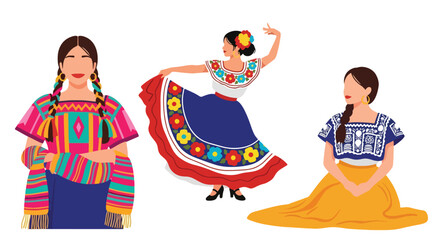 Set vector collection of women wearing colorful traditional Mexican costumes and cultural activities. Ideal for heritage, tourism, festival and culture themes © Amie