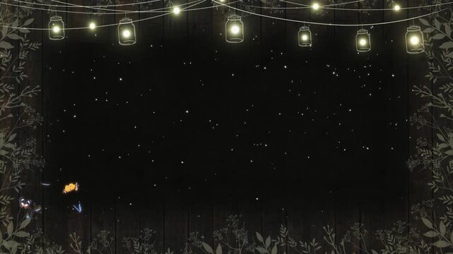 Glowing string lights with butterflies and floral patterns on a dark background