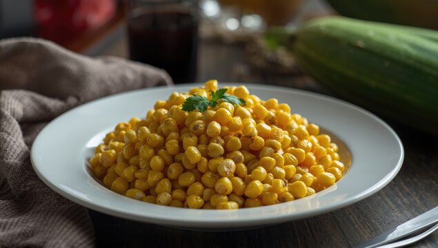 Yellow sweet corn served on white plate suitable for canned salad