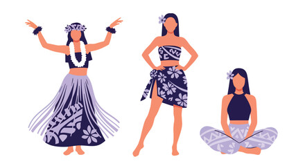 Set vector collection of women wearing Hawaiian hula costumes with floral accessories. Ideal for tropical, tourism, culture, travel and festival themes © Amie