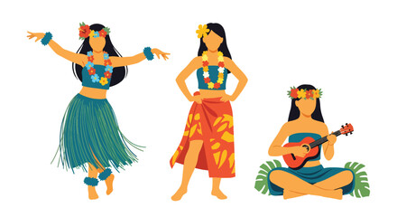 Set vector collection of women wearing Hawaiian hula costumes with floral accessories. Ideal for tropical, tourism, culture, travel and festival themes © Amie