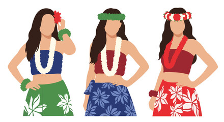Set vector collection of women wearing Hawaiian hula costumes with floral accessories. Ideal for tropical, tourism, culture, travel and festival themes © Amie