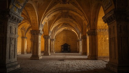 Fototapeta premium Historical burial chamber showcasing faded yellow walls and elegant arches with abundant space for text