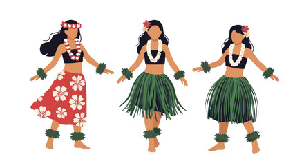 Set vector collection of women wearing Hawaiian hula costumes with floral accessories. Ideal for tropical, tourism, culture, travel and festival themes © Amie