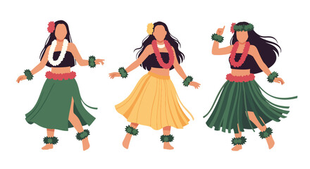 Set vector collection of women wearing Hawaiian hula costumes with floral accessories. Ideal for tropical, tourism, culture, travel and festival themes © Amie