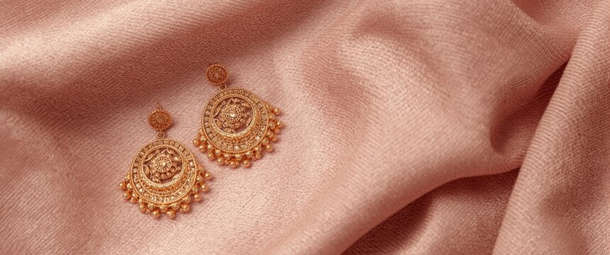 Traditional gold dangle earrings over a gentle rose fabric background shot from bird's eye