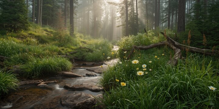 Woodland stream with flowering plants and pine trees captured in mystical morning light