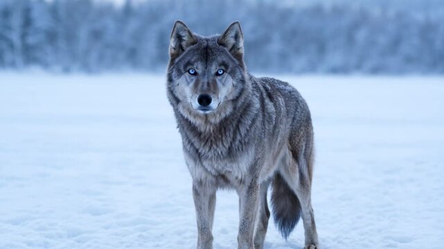 Majestic Gray Wolf Standing Alert in a Serene Winter Wonderland Landscape.
