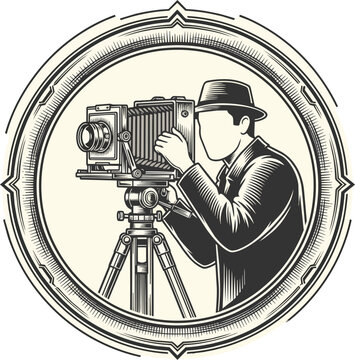 Vintage photographer with large format camera on tripod, classic monochrome illustration, suitable for media industry, historical content and retro design.