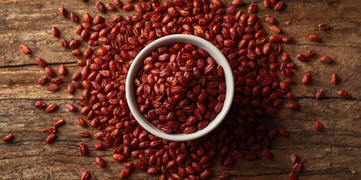 Vibrant red achiote seeds scattered around a white ceramic bowl on natural wood