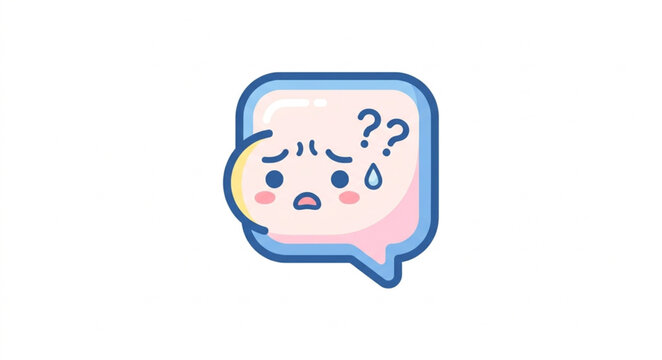 Confused cartoon speech bubble with worried face and question marks.