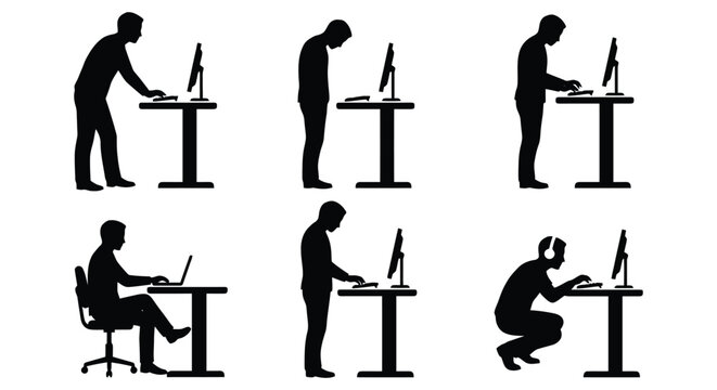 Set of silhouettes of people working at a desk isolated on white background