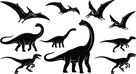 Dinosaur silhouettes vector collection featuring flying pterosaurs and long neck sauropods and predatory raptors isolated on white background © MdJherulIslam