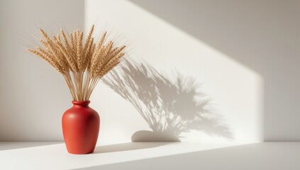Obraz premium Minimalist aesthetic with red clay flower pot and dried wheat bouquet shadowed on a clean white background