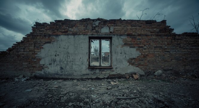War damaged brick wall with shattered window showing conflict impact