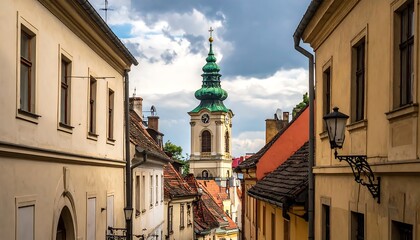 Fototapeta premium European city street with historic church and market.