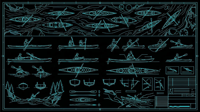 People Kayaking CAD Collection with Paddlers and Oars in Various Positions Outdoor Water Sports Technical Vector Set