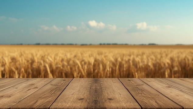 Productive wheat field used by hay producers with wooden table copy area