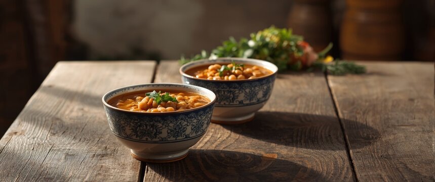 Hearty split pea soup showcased in vintage style ceramic bowls
