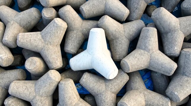 A single bright white concrete tetrapod stands out among many weathered gray stone units in a top down view