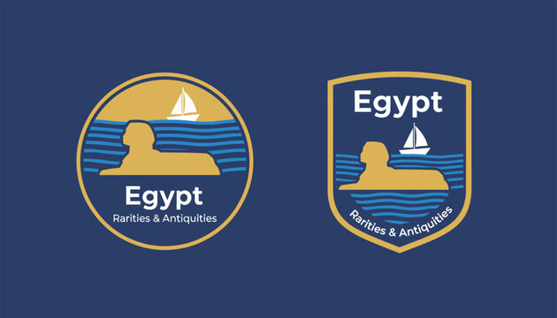 Travel logos for Egypt rarities and antiquities feature icons of the great sphinx a sailboat and wavy blue water.