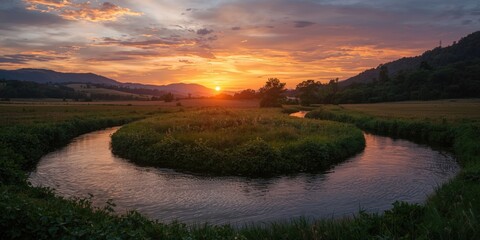 Obraz premium Quiet sunset over an undulating creek in a vibrant rural setting with distant hills