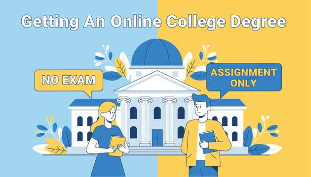 Educational banner for online college degrees highlights benefits like no exams and assignments only with students.