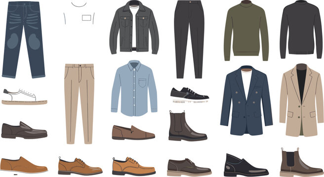 Men Fashion Clothing and Footwear Vector Element Set with Jacket Coat Jeans Shirt and Shoes Icons for Casual Smart Outfit Apparel Web Catalog Designs