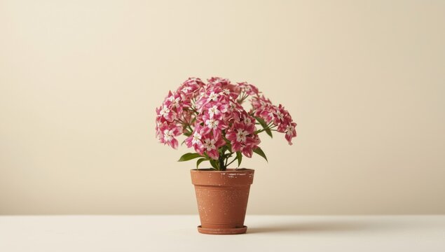 Selective depth photography of abelia in flowerpot against simple neutral backdrop