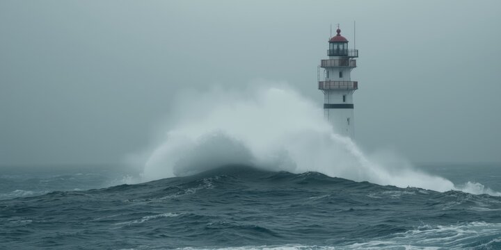 Impressive lighthouse withstanding heavy wave surge on coast