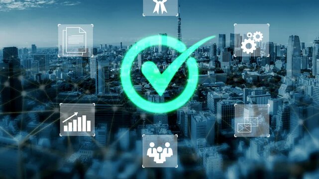 Symbol of success and compliance over a city skyline, illustrating business growth, teamwork, innovation, and data visualization in a modern context Gluon.