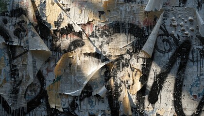 Fototapeta premium Heavily textured urban grunge wall covered in torn and faded generic posters with graffiti spray paint drips and weathered layers, creating a gritty street art background, no readable words.