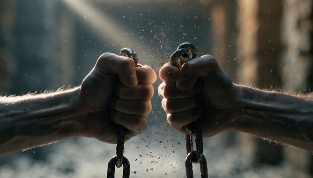 Powerful concept of emancipation and freedom featuring hands breaking heavy iron chains apart in a dramatic display of strength and liberation, photorealistic and highly detailed 8k resolution.