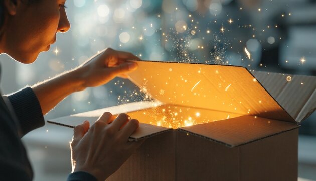 Person opening a brown shipping box with glowing golden sparkles and magical light shining from within, representing a surprising gift delivery, ecommerce success, and enchanting unboxing moment.