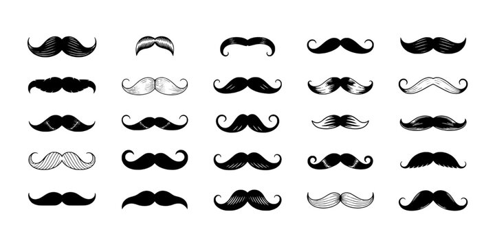 Mustaches Hand-Drawn Set with Various Styles and Designs Featuring Facial Hair, Beard, Whiskers with Vintage and Retro Elements for Stylish, Artistic