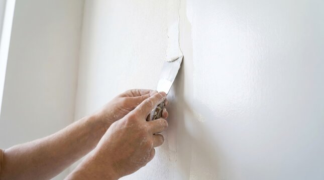 A worker uses a sharp metal putty knife to smooth white plaster over a crack on a bright painted surface