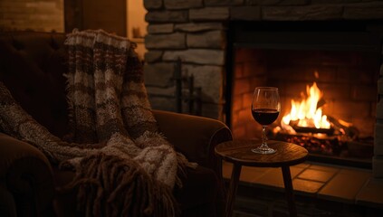 Obraz premium Tranquil winter night with a warm scarf and glass of red wine beside a gently crackling fireplace for comfort