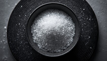 Obraz premium White citric acid crystals and scattered salt grains viewed from above in a dark bowl on textured black base