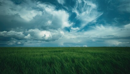Obraz premium Rich green grass field below a vibrant blue sky with billowing clouds and dramatic cloud formations copy space