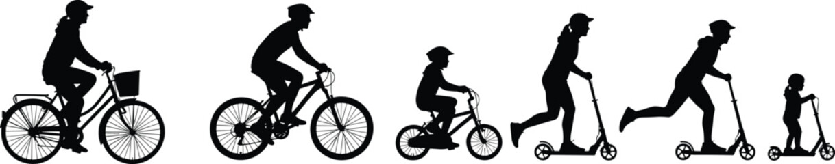Fototapeta premium Silhouette illustration of adults and children riding bicycles and scooters, personal transportation vector art, cad drawing flat vector