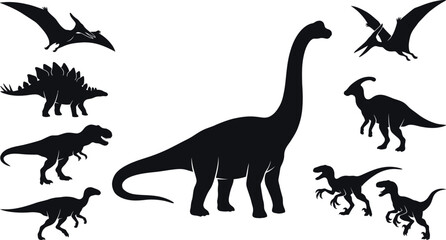 Set of dinosaur silhouettes featuring various species vector illustration black icons isolated on white background for design projects © MdJherulIslam