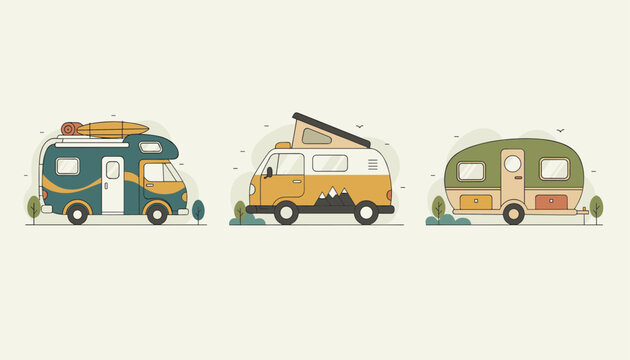 Set of three retro-style camper vans and travel trailers in green, yellow, and tan colors for road trip and adventure camping concepts.
