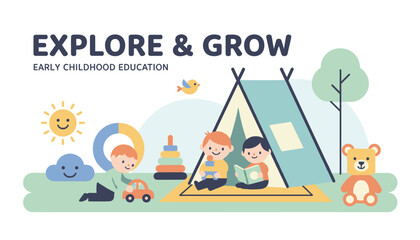 Obraz premium Happy children engage in various educational and playful activities in an early childhood learning environment with a colorful tent.