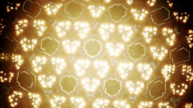 Colorful kaleidoscopic composition made from reflections of glass objects and small LED lights, forming star like symmetrical patterns