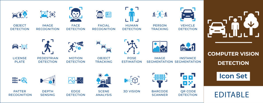 Computer vision detection icon set featuring artificial intelligence face recognition, autonomous vehicle tracking, object segmentation, motion sensor, and qr code scan symbols.